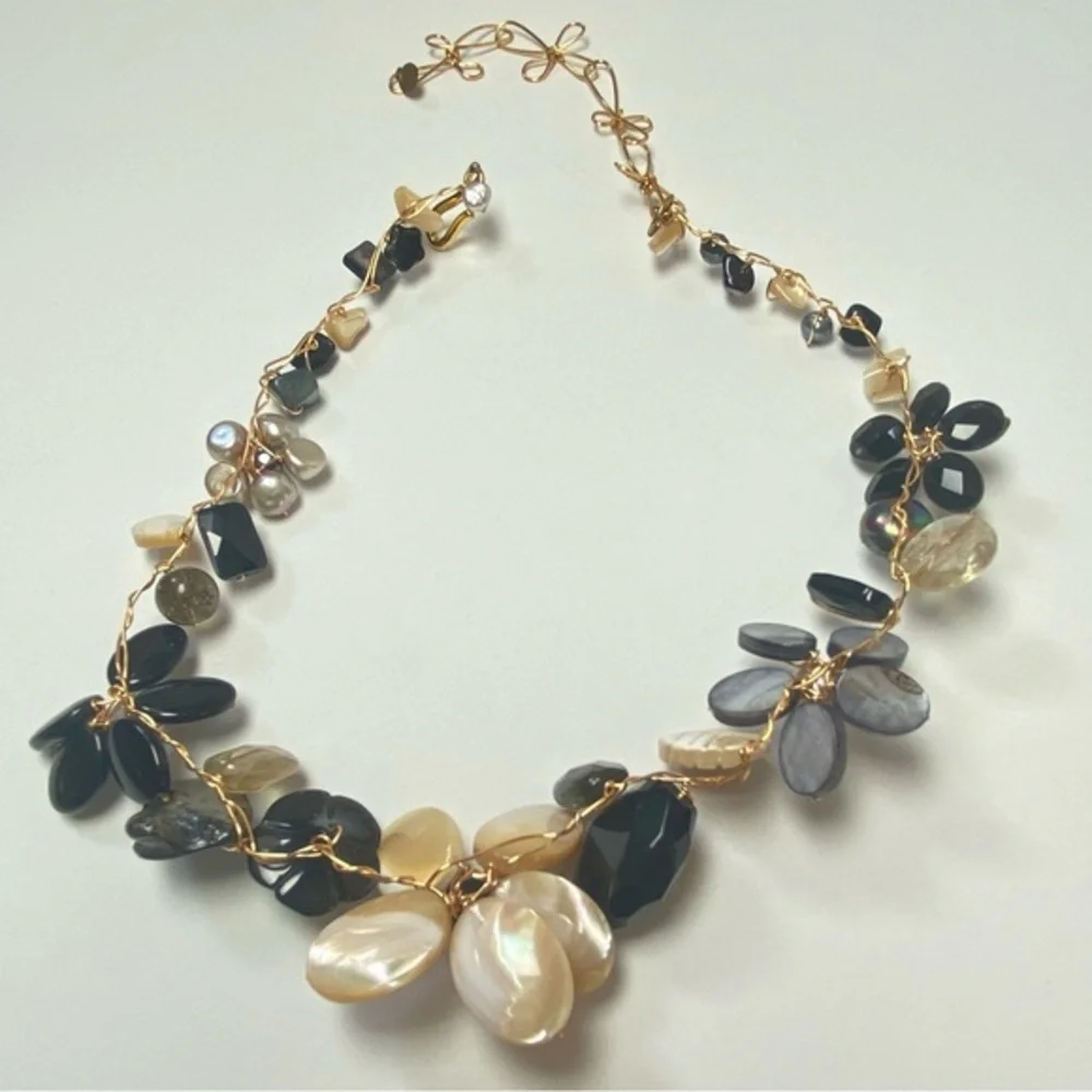 Abra Couture Handmade Natural Shell Beiges Gem Flower Collar GW Artisan Necklace